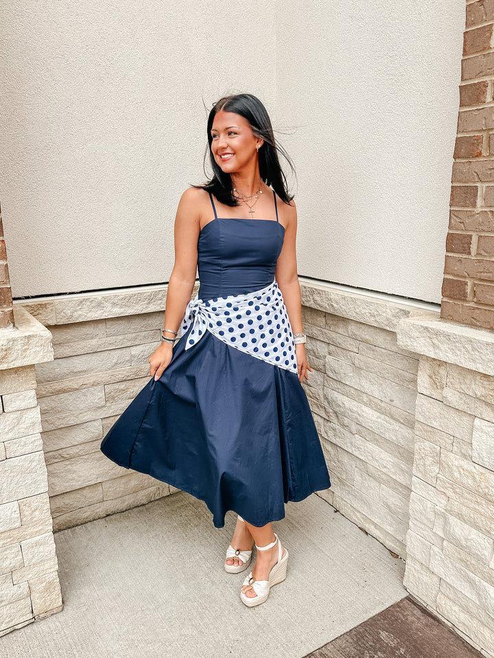 Navy Polka Dot Scarf Dress