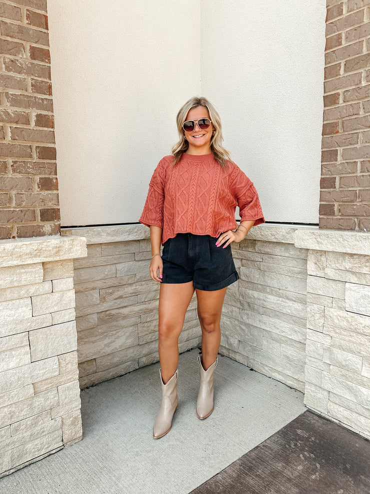 Cable Knit Sweater: Rust