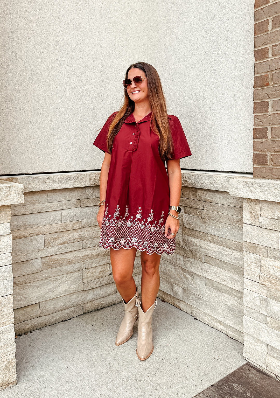 Evelyn Embroidered Dress: Burgundy