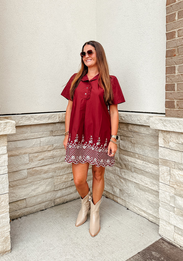 Evelyn Embroidered Dress: Burgundy