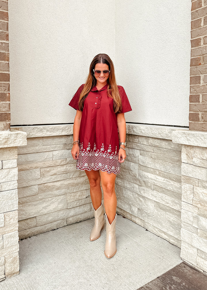 Evelyn Embroidered Dress: Burgundy