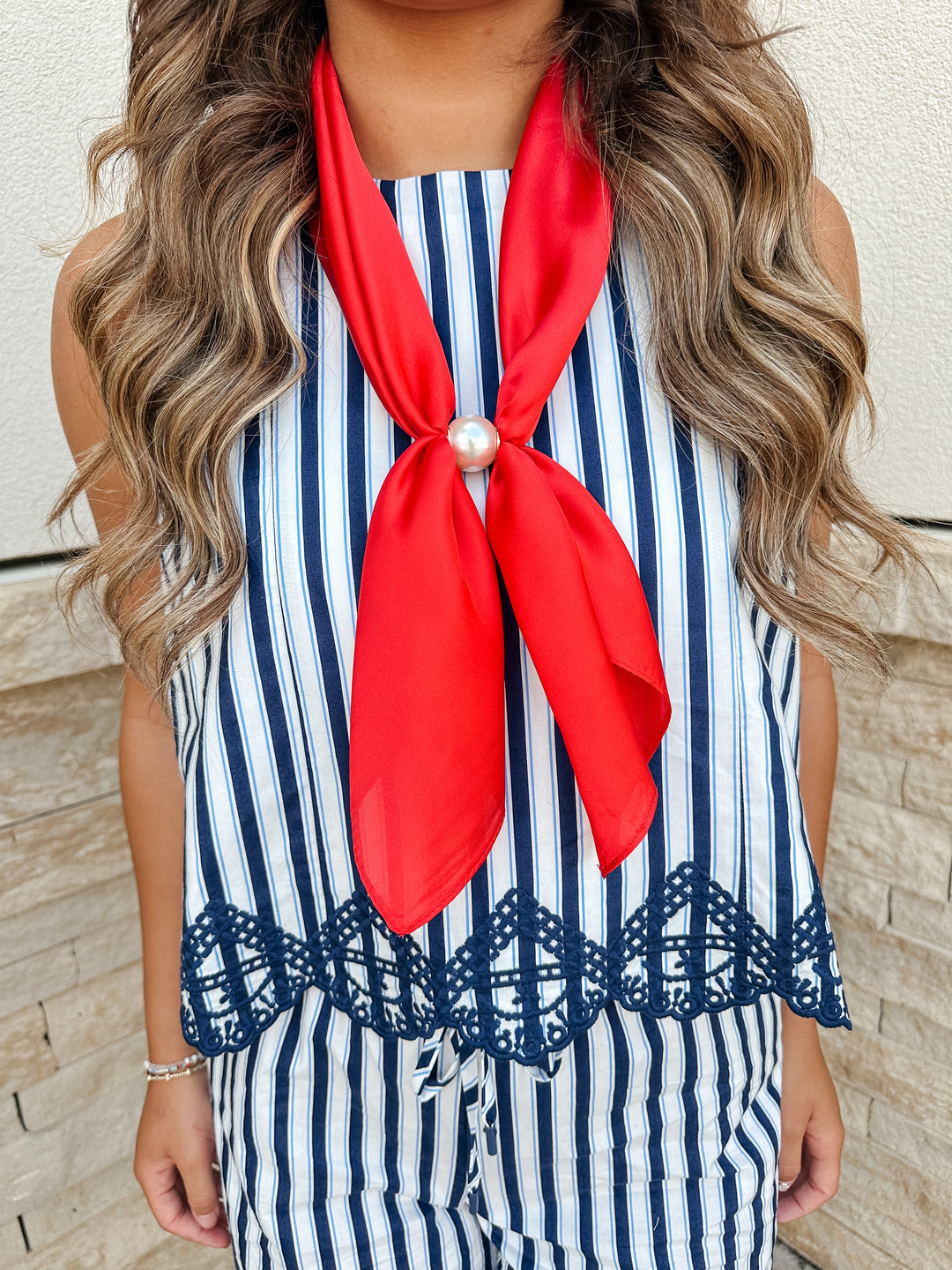 Navy Embroidered Stripe Top