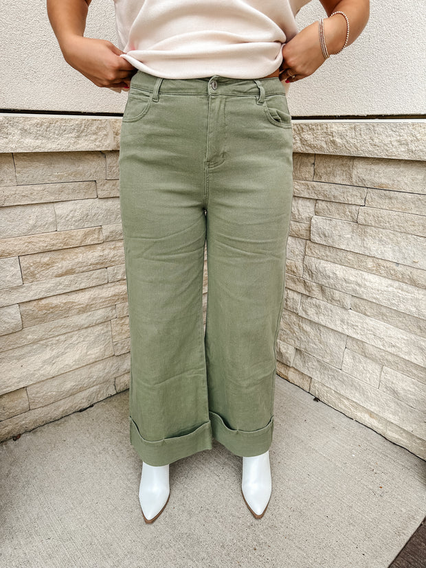 Solid Mid-rise Ankle Pants: Olive