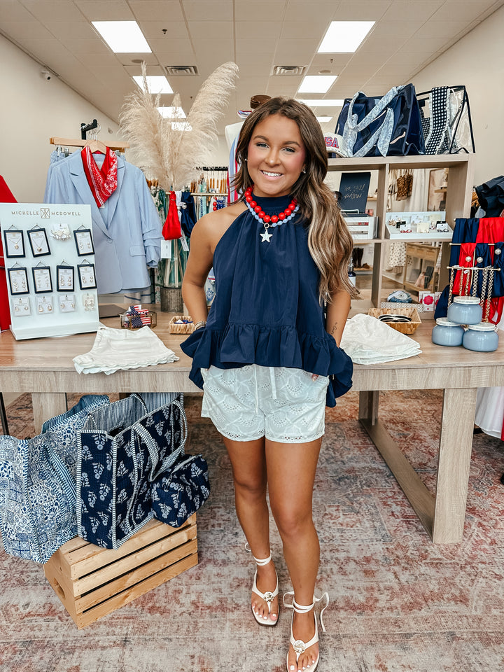 Navy Ruffle Top