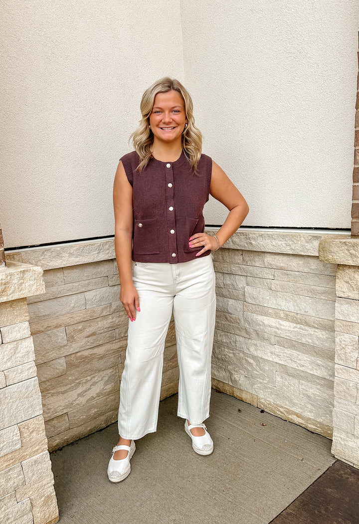Cute as a Button Knit Sweater Vest: Brown