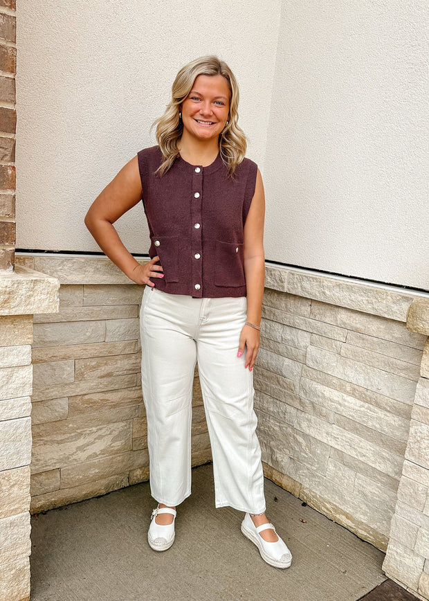 Cute as a Button Knit Sweater Vest: Brown