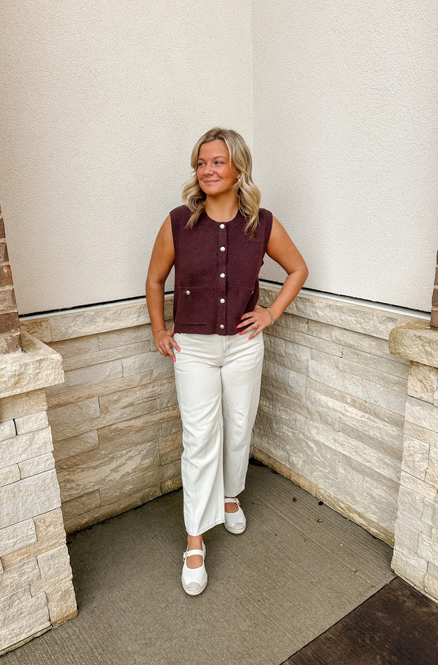 Cute as a Button Knit Sweater Vest: Brown