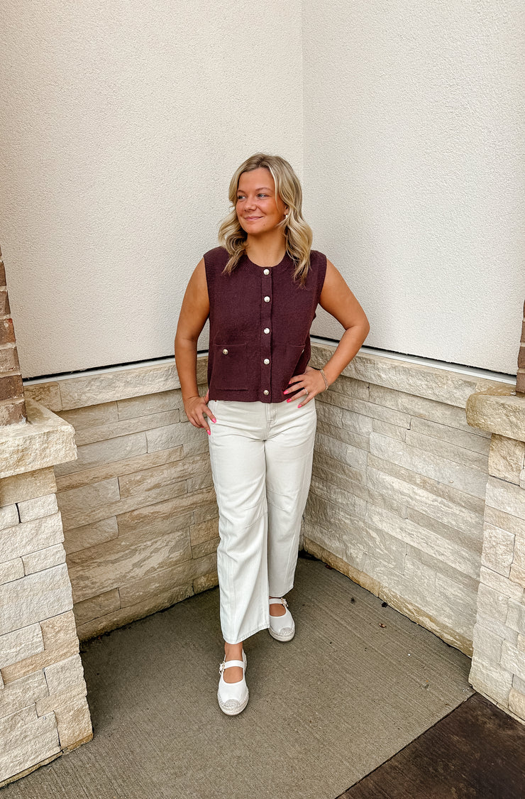 Cute as a Button Knit Sweater Vest: Brown