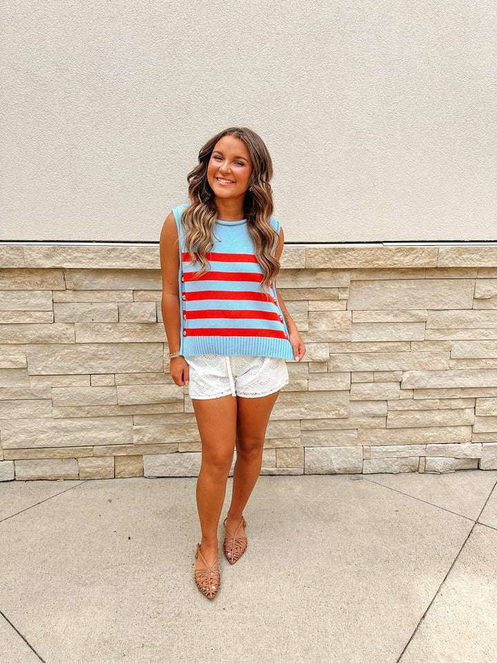 Blue & Red Striped Knit Sweater