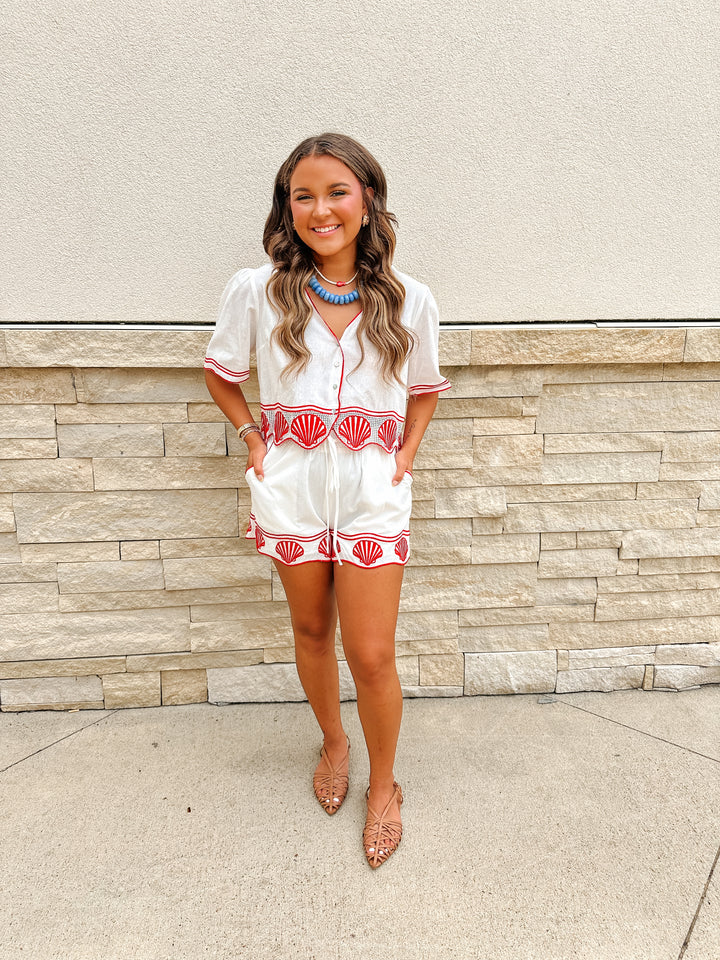 White/Red Seashell Top