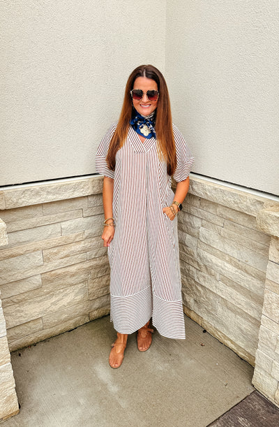 Connor Pinstripe Maxi Dress: Brown