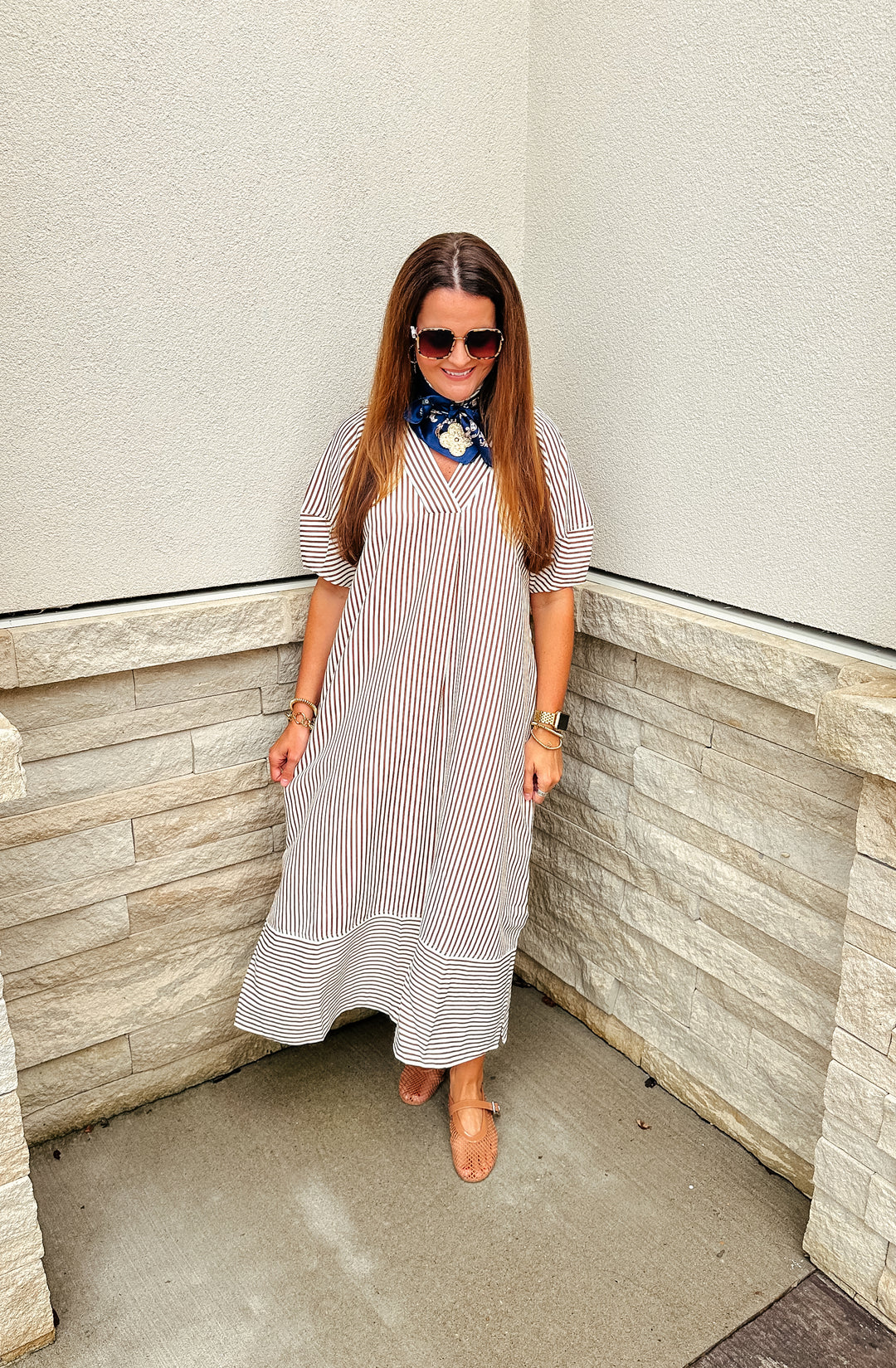 Connor Pinstripe Maxi Dress: Brown