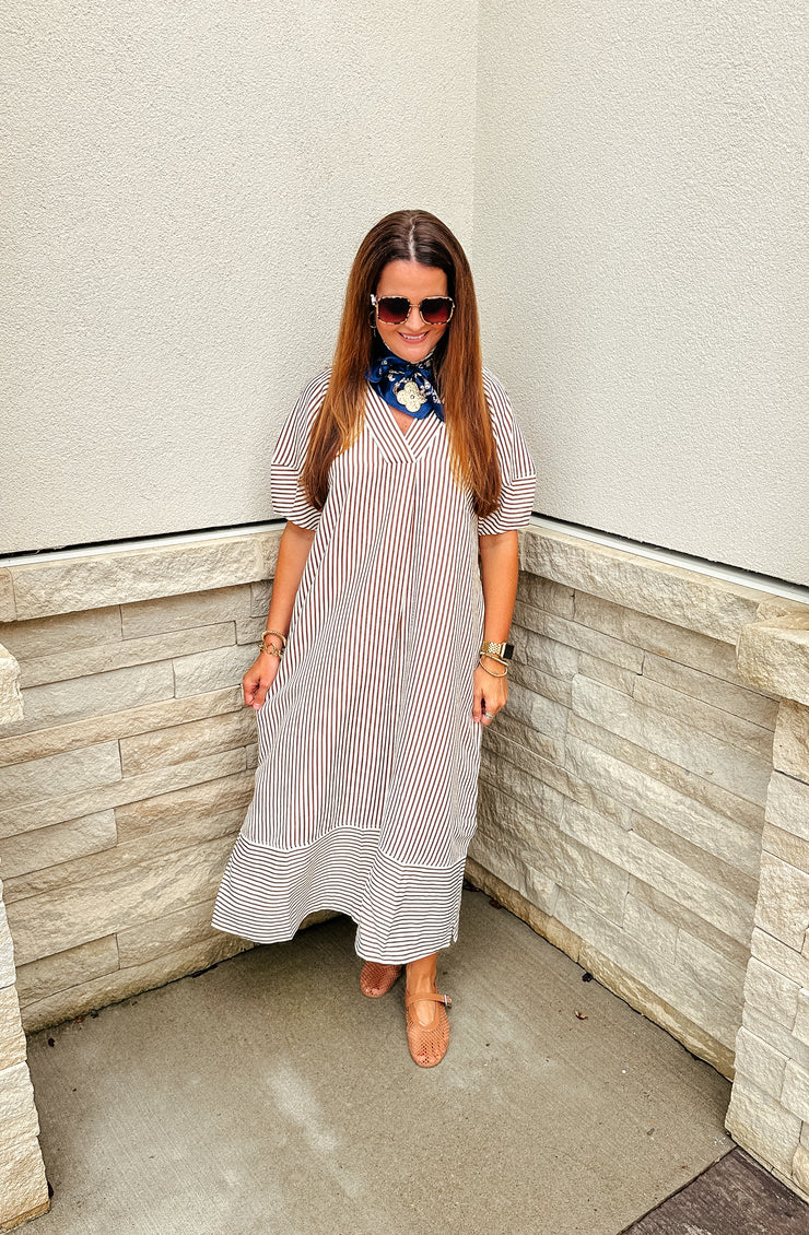 Connor Pinstripe Maxi Dress: Brown