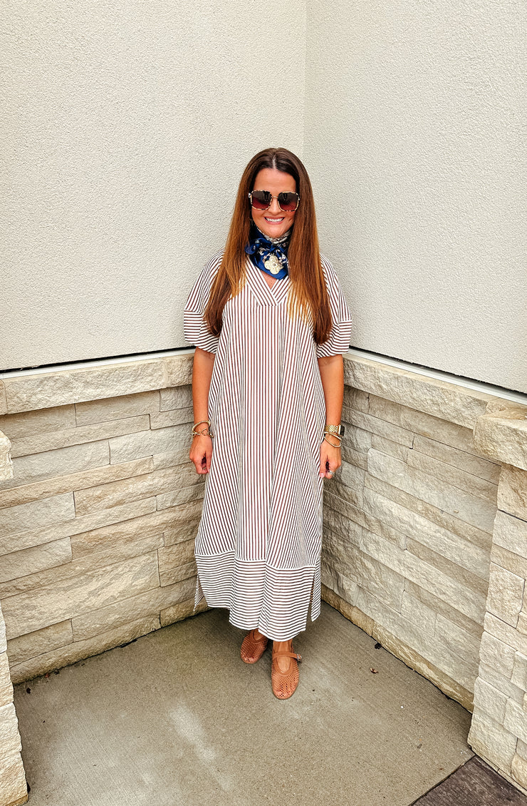 Connor Pinstripe Maxi Dress: Brown