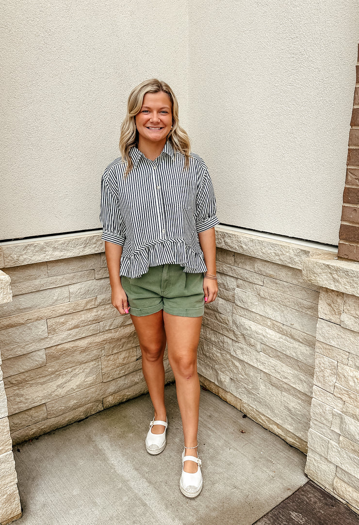 In a Ruffle Stripe Top: Black