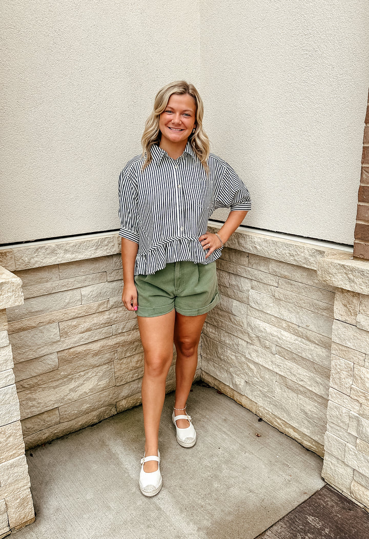 In a Ruffle Stripe Top: Black