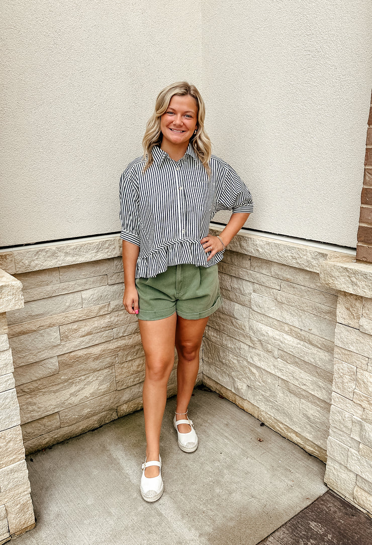 In a Ruffle Stripe Top: Black