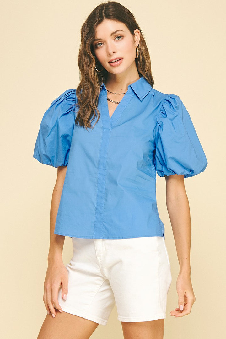Mid Blue Bubble Sleeve Top