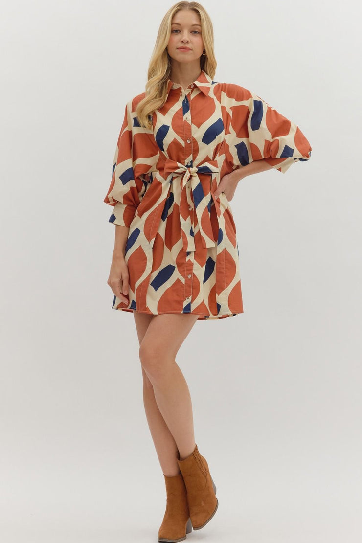 Abstract Print Dress w/ Tie Belt