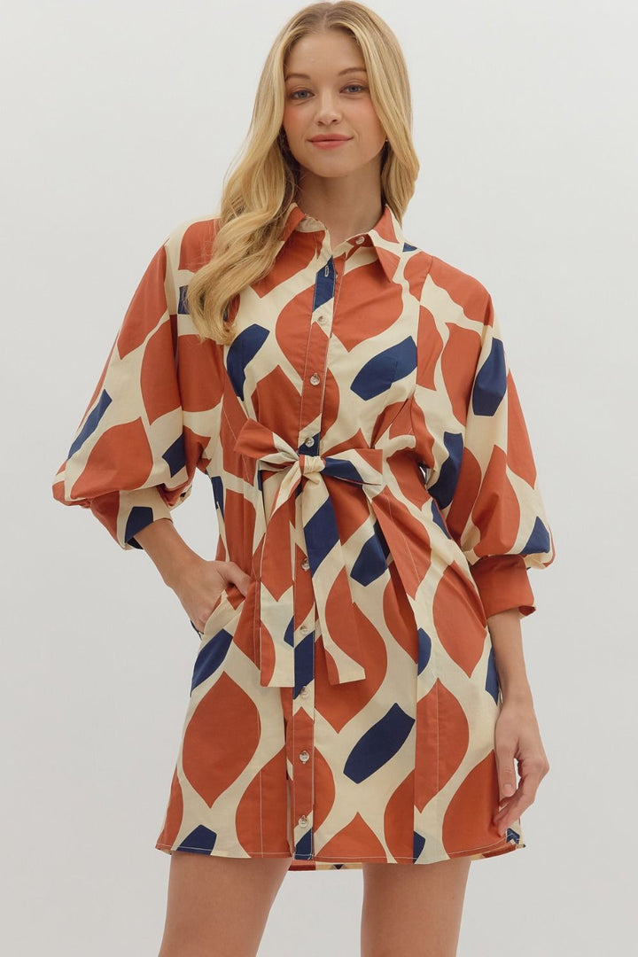Abstract Print Dress w/ Tie Belt