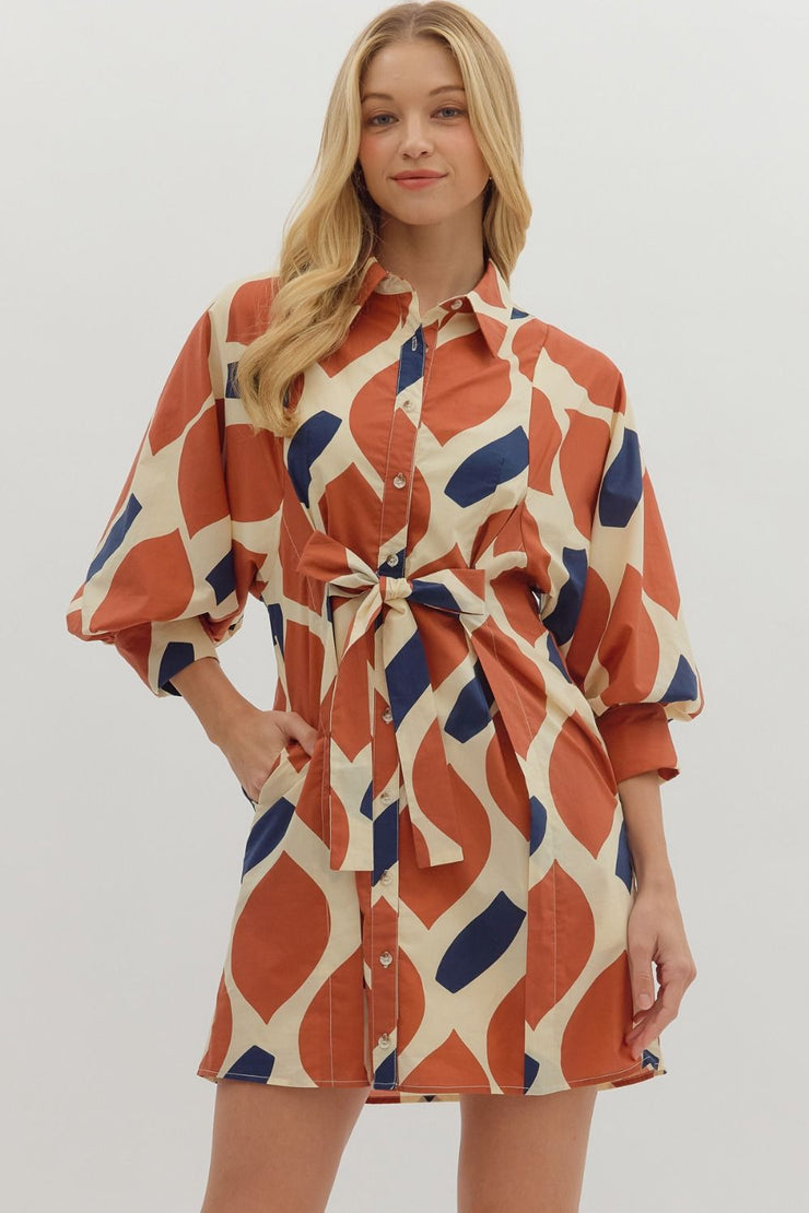 Abstract Print Dress w/ Tie Belt