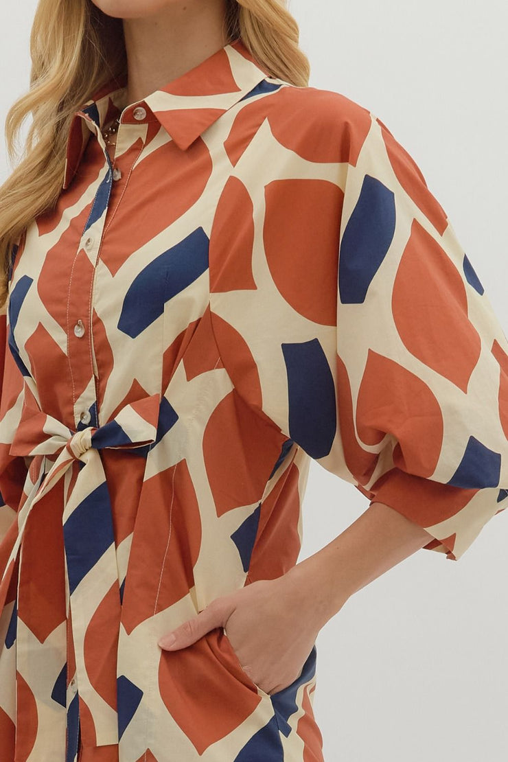 Abstract Print Dress w/ Tie Belt