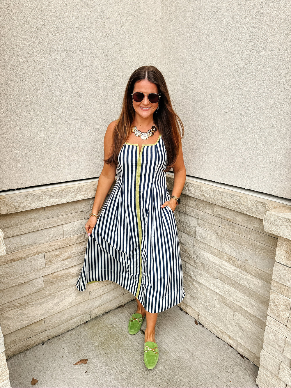navy and white striped midi dress Women's Navy and Cream Striped Midi Dress- Classic Thin Striped Dress- TCEC Striped Dress Large