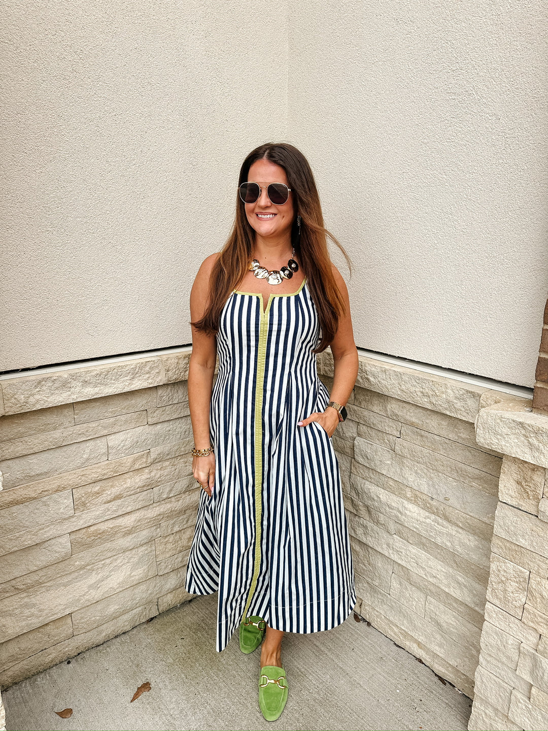 navy stripe midi dress Everyday Classic Stripe Midi Dress in Navy