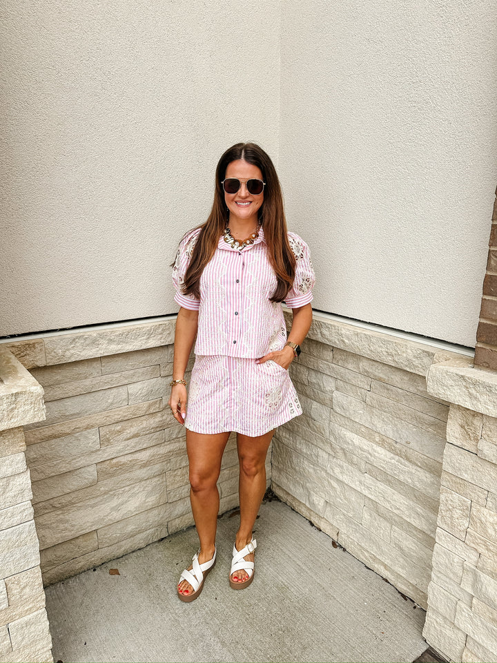Pink Eyelet Stripe Skirt