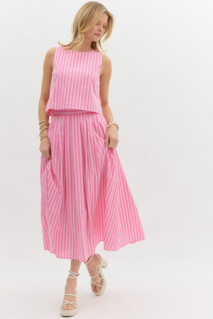 Pink Summer Striped Midi Skirt