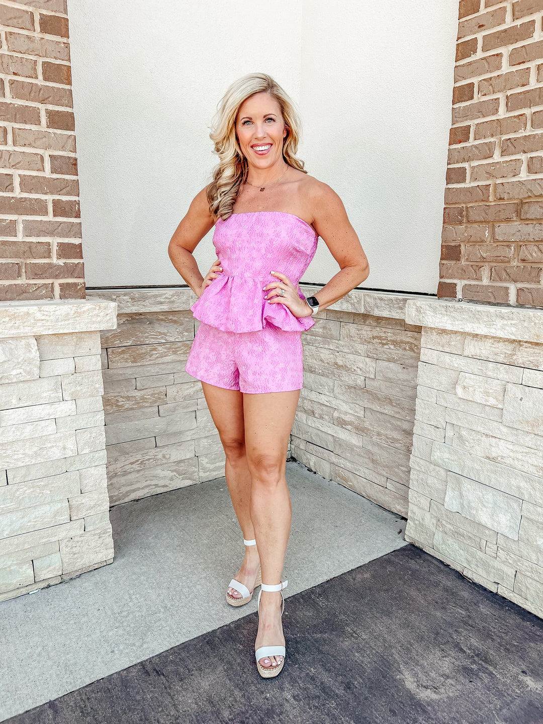 Rosette Pink Jacquard Romper